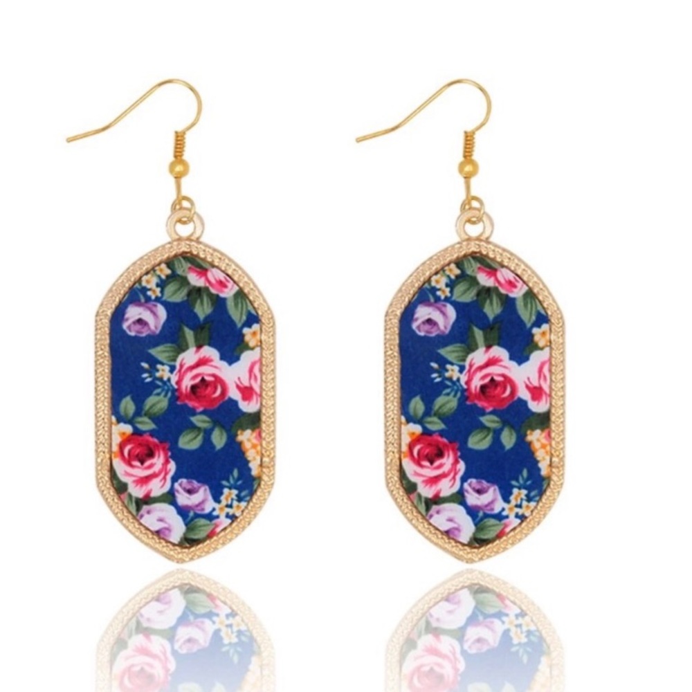 NWT Floral Oval Dangle Statement Earrings - Picture 1 of 6